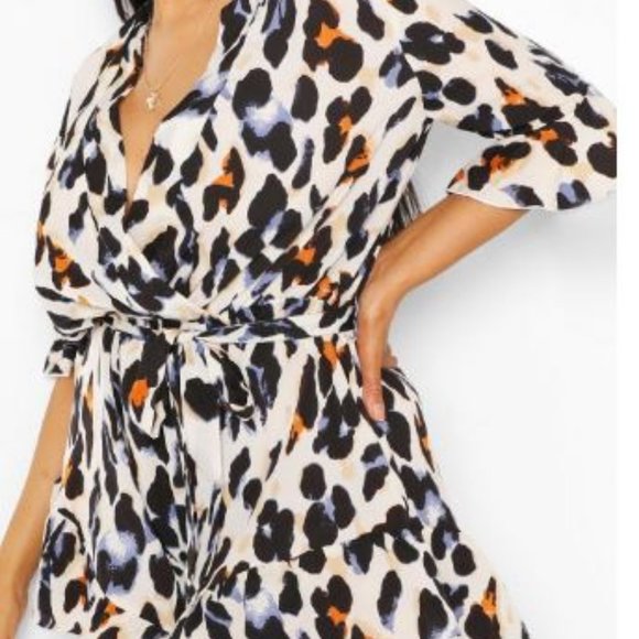 Pants - Plus Multi Leopard Satin Ruffle Tie Romper